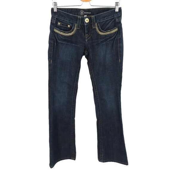Bebe Womens 27 Gold Silver Thread Embroidered Dark Blue Denim Jeans Flare Y2K - Picture 1 of 13